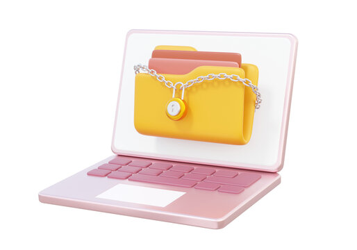 Chain padlock lock folder file document on computer laptop open system password protection information privacy technology security management data storage. 3d rendering illustration