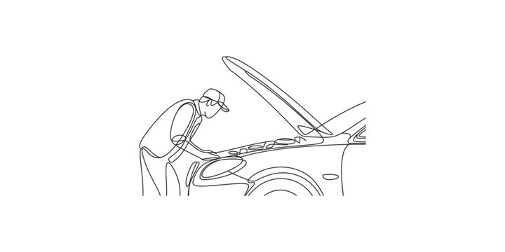 A mechanic inspecting a car with the hood open, checking engine