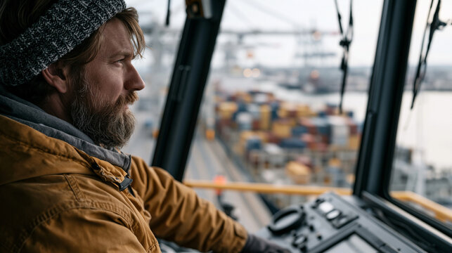 Gantry crane operator inside elevated cab guiding forty-foot shipping container onto cargo vessel at busy seaport, longshoreman directing from dock below, container terminal