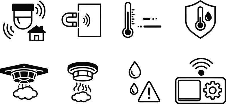 Smart home monitoring and security sensor system line icon set