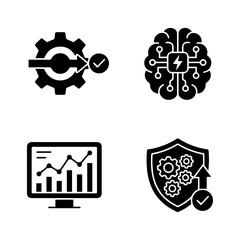 Four Flat Icons Representing Process Intelligence Analytics And Security On A White Background automation brain icon © shahin10