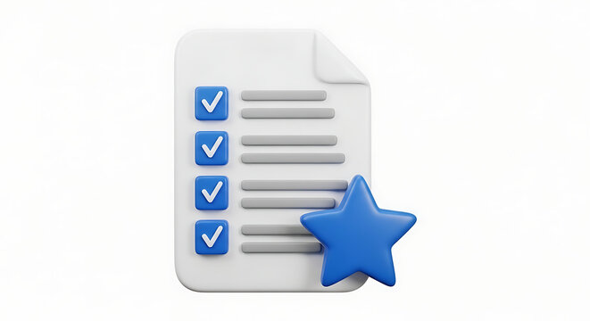 3D checklist document with blue star icon checklist document checkmarks completed business planning management performance verification achievement evaluation feedback