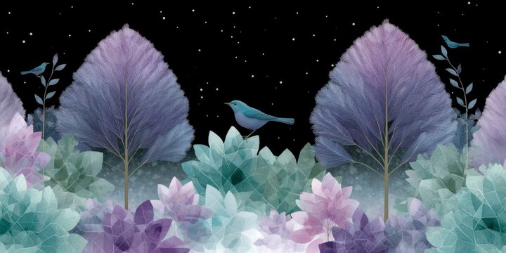 a tarot card back with a pattern of trees and birds, a large black background, teal blue green purple pink colors, geometric patterns, symmetrical design.