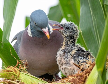 Common wood pigeon with a pigeon chick