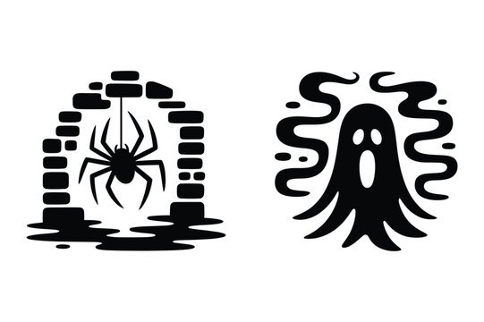 Spooky halloween silhouettes of a hanging spider in a brick arch and a floating ghost