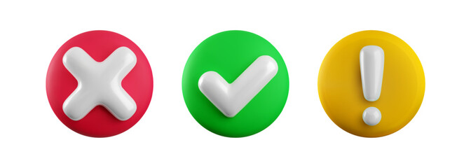 Obraz na płótnie Canvas Vector 3d checkmarks icon set. Round glossy yes tick, no cross, attention sign. Check mark, X symbol, exclamation mark on color circle button realistic render. Right, wrong, warning notification set.