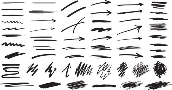 Black hand-drawn arrow and line icons set