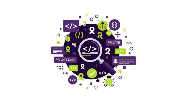 Software Debugging and Code Review Flat Illustration for Programming, Cyber Security, and Private Data Protection