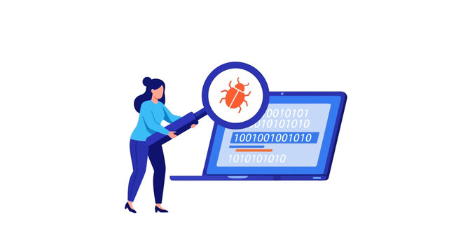 Woman Software Developer Debugging Computer Code on Laptop with Magnifying Glass, QA Testing and Bug Fixing Concept Illustration