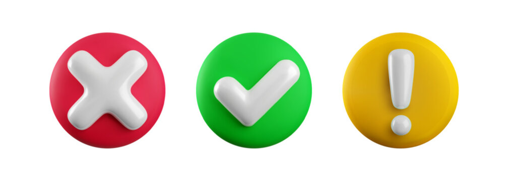 Vector 3d checkmarks icon set. Round glossy yes tick, no cross, attention sign. Check mark, X symbol, exclamation mark on color circle button realistic render. Right, wrong, warning notification set.