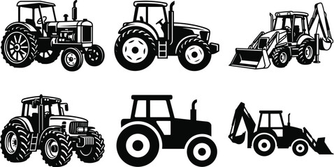 Agricultural Tractor and Backhoe Loader Silhouette Collection Featuring Farm Machinery, Construction Equipment and Heavy Vehicle Icons © RIFAT