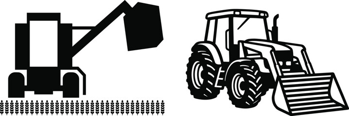 Agricultural Tractor and Harvesting Machine Silhouette Set Featuring Modern Farm Equipment, Crop Production and Rural Machinery © RIFAT