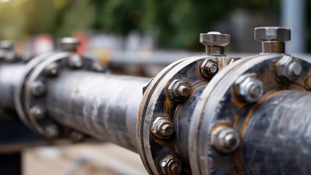 Industrial Pipe Connection with Flanges and Bolts in Construction Site Setting, Highlighting Structural Integrity and Mechanical Engineering Elements