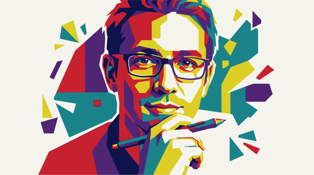 Man with glasses and pen thinking.