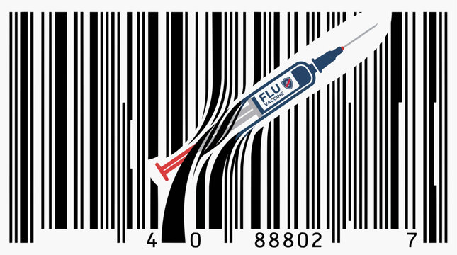 Flu vaccine syringe integrated into a barcode representing healthcare access and medical treatment The Concept of the Flu, Influenza, and Winter Infectious Diseases