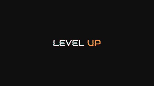 Level up glitch text animation gaming achievement futuristic neon digital motion graphics for video games, esports streams, and tech content.