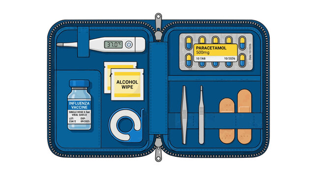 Medical first aid kit with influenza vaccine paracetamol thermometer and bandages for illness prevention The Concept of the Flu, Influenza, and Winter Infectious Diseases