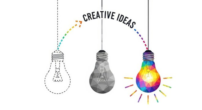 Creative Ideas Concept with Three Light Bulbs Showing Evolution from Outline to Colorful Low Poly Design