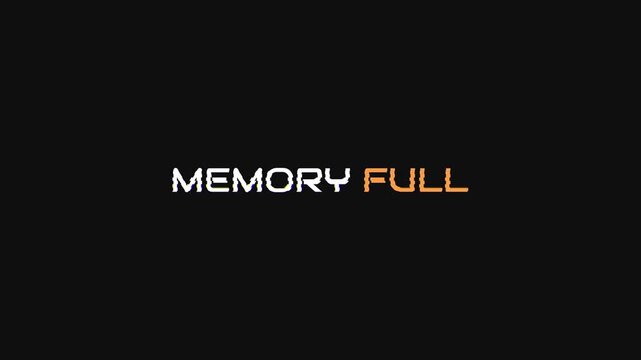 Glitchy memory full text warning animation storage alert featuring flickering digital distortion on a black background for technology error concepts.