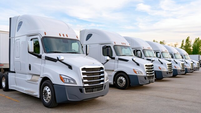 A fleet of white semi-trucks lined up in a parking lot under a cloudy sky