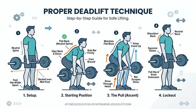 Gym training infographic, proper deadlift technique, lifting posture sequence, fitness education concept, minimalist vector style, white background