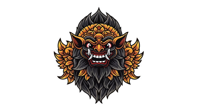 Balinese Barong mask illustration in orange and black.