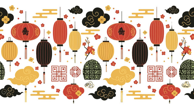 Chinese Lantern Pattern: A vibrant and festive seamless pattern featuring traditional Chinese lanterns in red and yellow, interspersed with decorative clouds and floral motifs.