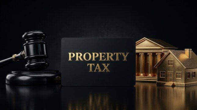 Property tax concept with judge gavel and house model, real estate law and taxation symbols, gold courthouse and home on black background