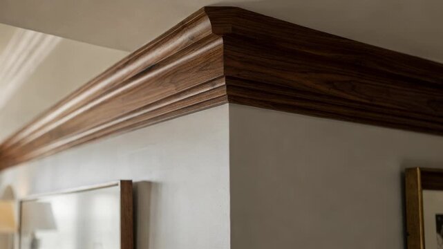Detailed medium shot of rich hardwood crown moldings showcasing the natural grain and elegant curves adding warmth and sophistication to a rooms d&eacute;cor