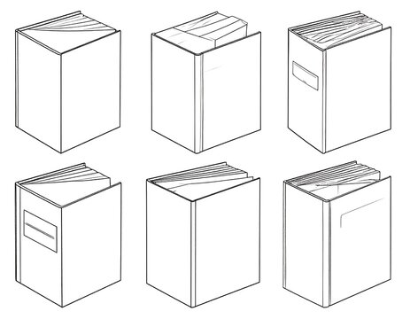 A detailed illustration of six cube-shaped objects with varied lid positions