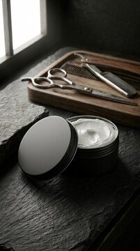 A blank open metal tin jar mockup of hair pomade with barbershop tools on a dark stone slate background, perfect for men's grooming cosmetic branding