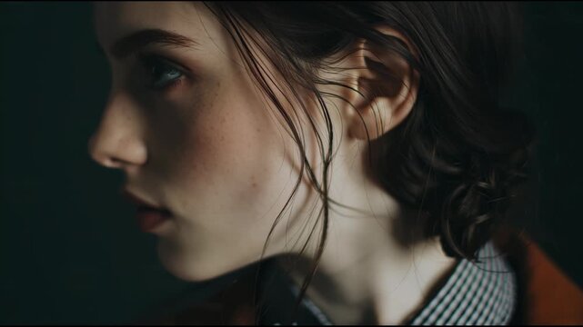 Intense Gaze of a Young Woman in Low Light.
