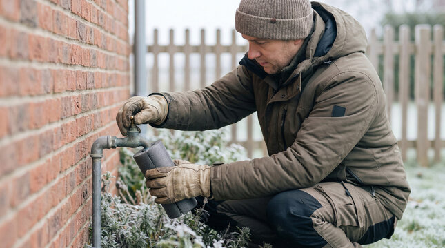 Person winterizing an outdoor faucet with a faucet cover in winter garden