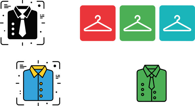 Digital Apparel Retail and Laundry Service Vector Icon Set Featuring Folded Shirts, Fashion Neckties, and Clothes Hangers