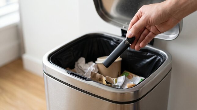 Hand throwing trash in modern kitchen, Electronic cigarette being disposed in trash  