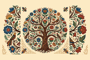 Whimsical botanical round emblem and floral borders with traditional embroidery patterns for greeting card design © Akhi Ayra