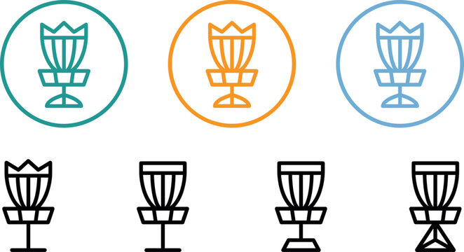 Disc Golf Target Basket Vector Icon Set Featuring Frisbee Golf Goal Targets in Circular Frames and Stand Variations