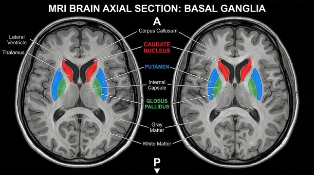 Mri brain axial section showing basal ganglia with color-coded regions