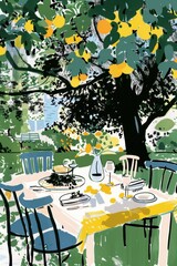 Obraz premium A modern, artisan illustration capturing a joyful summer dinner party.