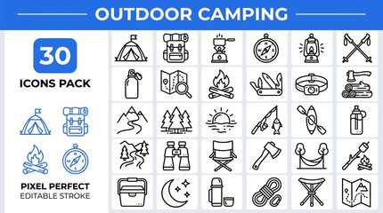 Outdoor Adventure and Mountain outline icon set. Featuring binoculars, trail map, hiking boot, canteen, and signpost symbols. Editable stroke vector icons for trekking guide and national park app. © Pixel_Forge