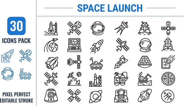 Space Launch and Mission outline icon set. Featuring rocket, satellite, liftoff, astronaut, and shuttle symbols. Editable stroke vector icons for aerospace startup and orbital flight app.