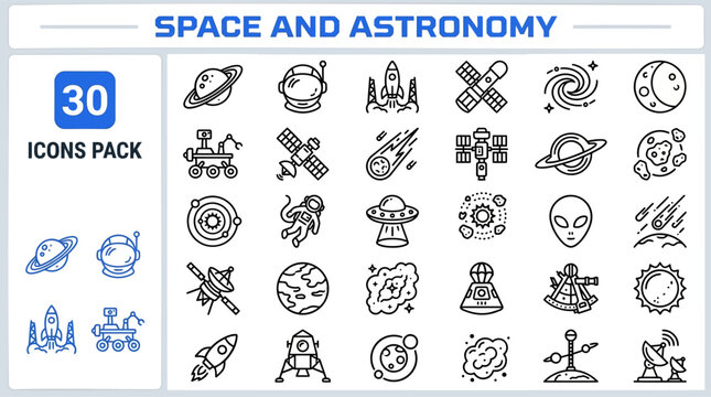 Stargazing and Night Sky outline icon set. Featuring telescope, constellation, nebula, asteroid, and observatory symbols. Editable stroke vector icons for astronomy app and celestial science platform.