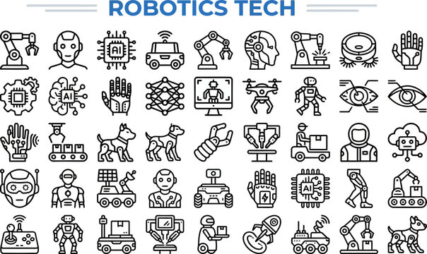 Robot and Mechatronics outline icon set. Featuring cyborg, circuit board, processor, mechanical hand, and control panel symbols. Editable stroke vector icons for tech startup and engineering lab app.