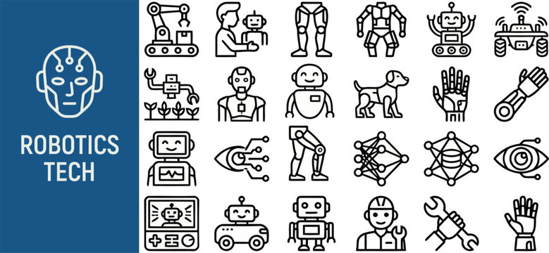 Robot Technology and Automation outline icon set. Featuring android, mechanical arm, drone, gear, and sensor symbols. Editable stroke vector icons for smart factory and machine engineering app.
