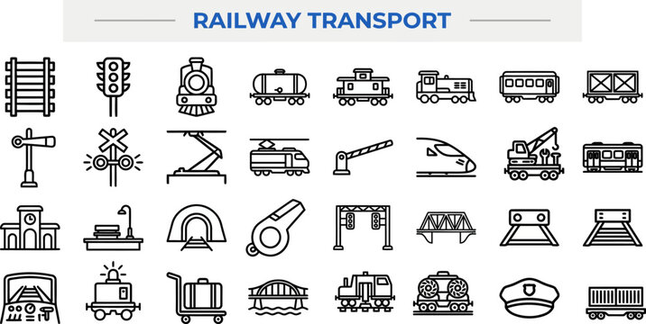 Railway Transport and Locomotive Type outline icon set. Featuring bullet train, steam engine, monorail, tram, and coach symbols. Editable stroke vector icons for intercity travel and transit app.