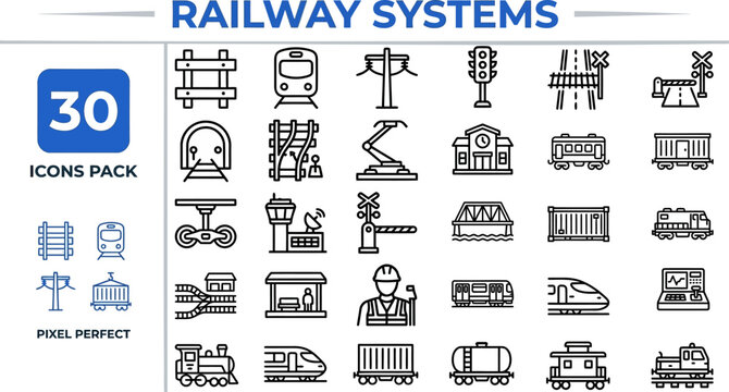 Railway Infrastructure and Station outline icon set. Featuring locomotive, track, signal, platform, and junction symbols. Editable stroke vector icons for metro transit and passenger travel app.