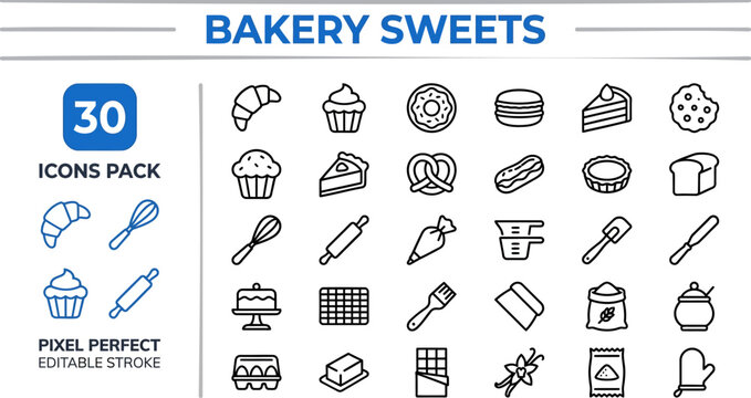 Cafe Confectionery and Sweet outline icon set. Featuring macaron, pie, tart, whisk, and layer cake symbols. Editable stroke vector icons for dessert parlor menu and bakery shop branding.