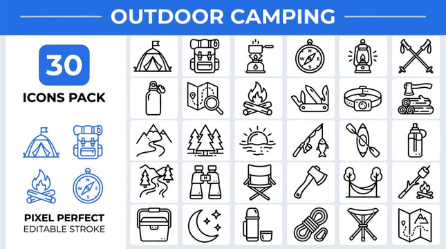 Outdoor Adventure and Mountain outline icon set. Featuring binoculars, trail map, hiking boot, canteen, and signpost symbols. Editable stroke vector icons for trekking guide and national park app.