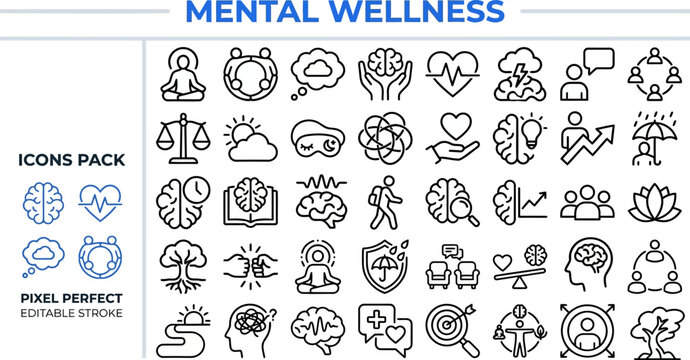 Mental Wellness and Mindfulness outline icon set. Featuring brain, meditation, heart, balance, and lotus symbols. Editable stroke vector icons for therapy session and emotional health app.