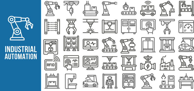 Industrial Automation and Factory outline icon set. Featuring robotic arm, conveyor, gear, machinery, and control panel symbols. Editable stroke vector icons for manufacturing and production line app.